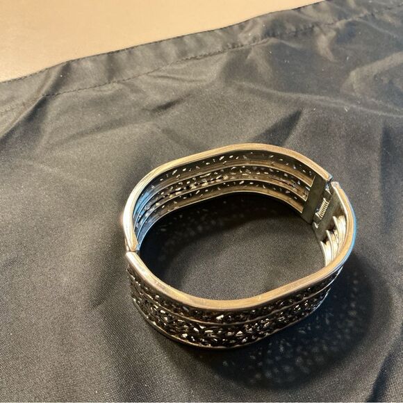 Intricate Silvertone and Oxidized Black Cuff Bracelet - Picture 4 of 5